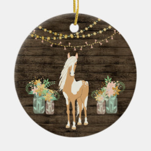 Personalised Pretty Horse and Flowers Rustic Wood Ceramic Ornament