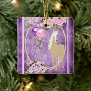 Personalised Pretty Horse Pink Purple Christmas Ceramic Ornament