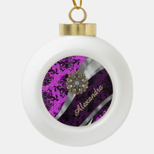 Personalised pretty magenta girly damask pattern ceramic ball christmas ornament