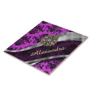 Personalised pretty magenta girly damask pattern ceramic tile
