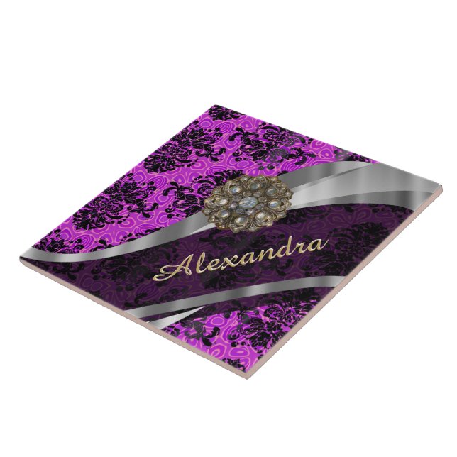 Personalised pretty magenta girly damask pattern ceramic tile (Side)