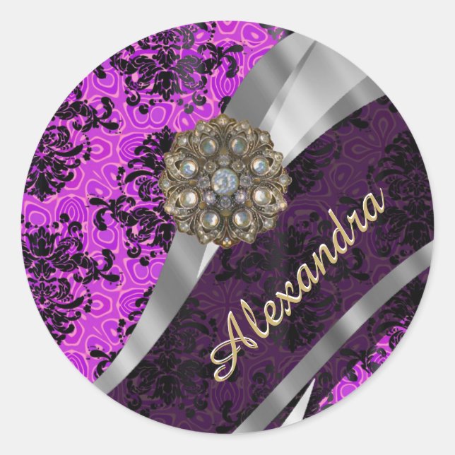 Personalised pretty magenta girly damask pattern classic round sticker (Front)
