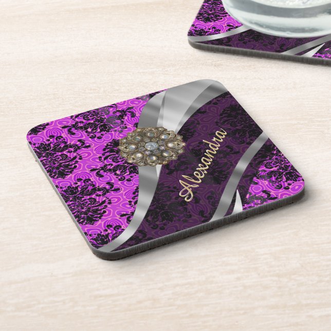 Personalised pretty magenta girly damask pattern coaster (Left Side)
