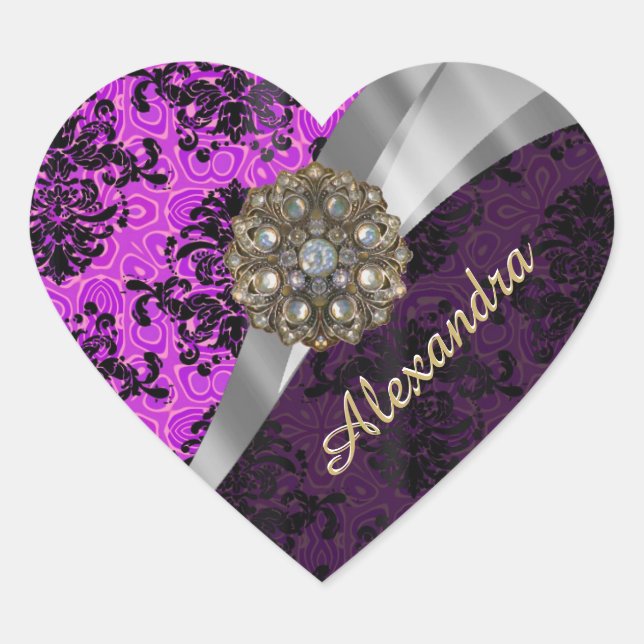 Personalised pretty magenta girly damask pattern heart sticker (Front)