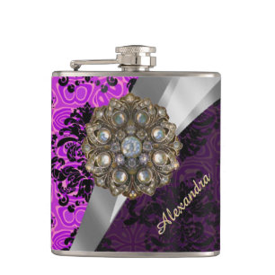 Personalised pretty magenta girly damask pattern hip flask