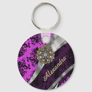Personalised pretty magenta girly damask pattern key ring