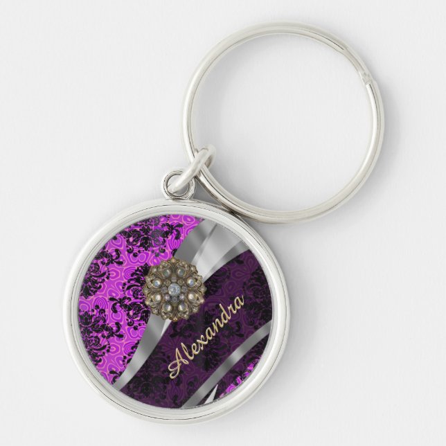 Personalised pretty magenta girly damask pattern key ring (Front)