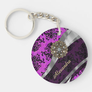 Personalised pretty magenta girly damask pattern key ring