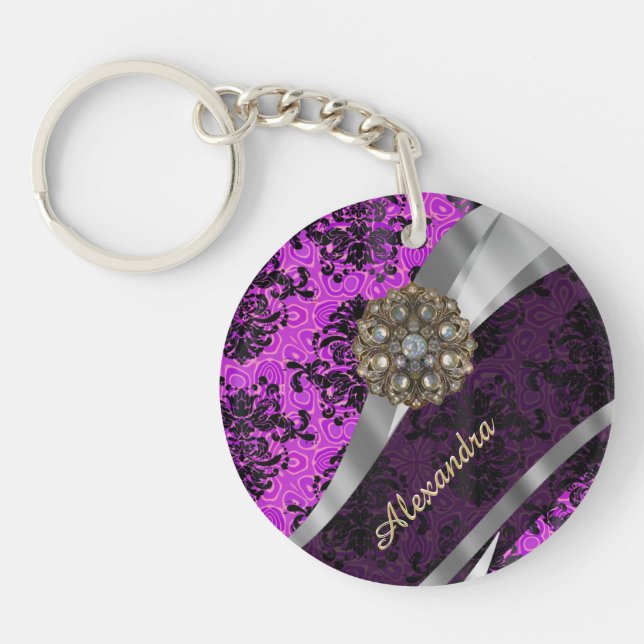 Personalised pretty magenta girly damask pattern key ring (Front)