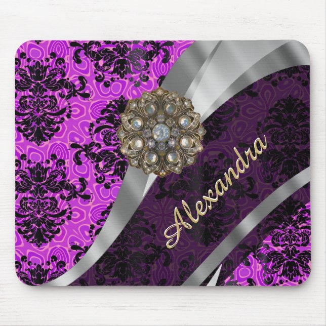 Personalised pretty magenta girly damask pattern mouse pad (Front)