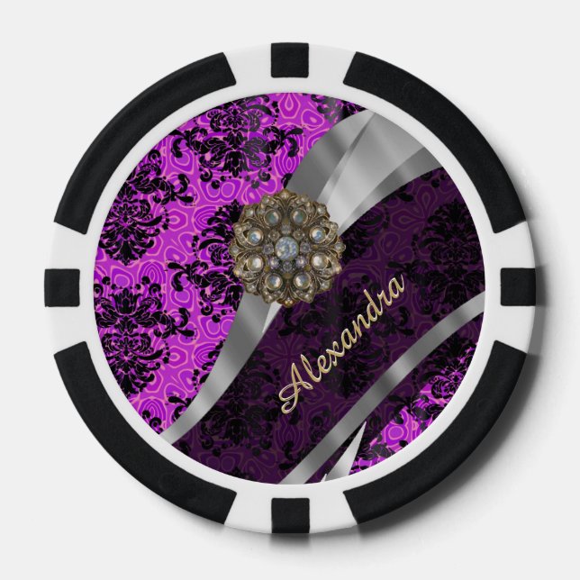 Personalised pretty magenta girly damask pattern poker chips (Front)