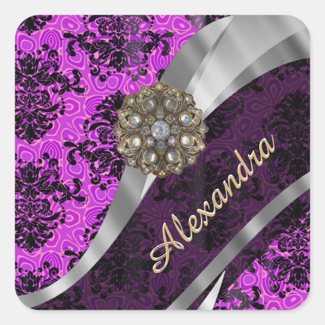 Personalised pretty magenta girly damask pattern square sticker (Front)