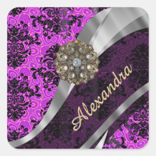 Personalised pretty magenta girly damask pattern square sticker