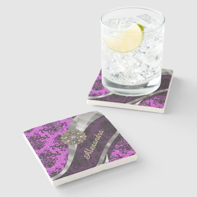 Personalised pretty magenta girly damask pattern stone coaster (Side)