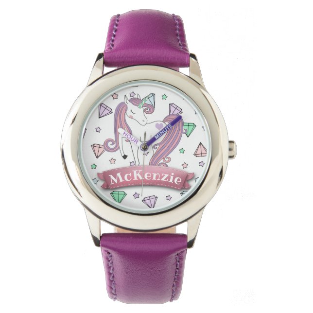 Personalised Pretty Pastel Unicorn | Diamond Gems Watch (Front)