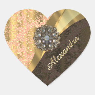 Personalised pretty peach girly damask pattern heart sticker