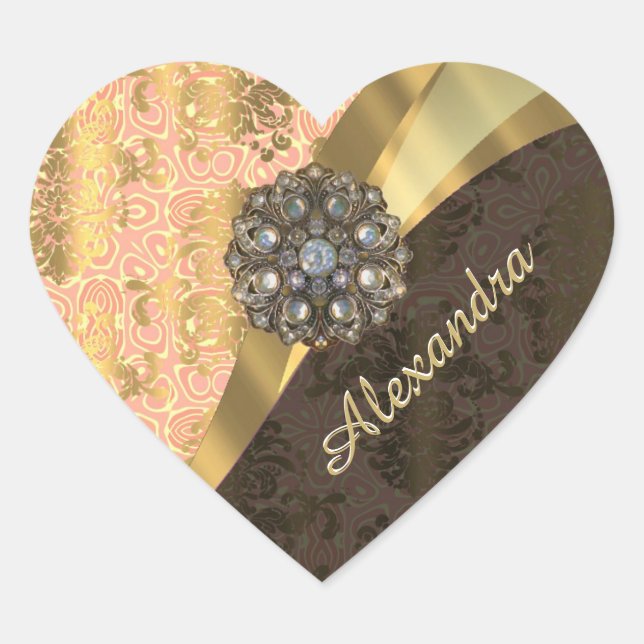 Personalised pretty peach girly damask pattern heart sticker (Front)