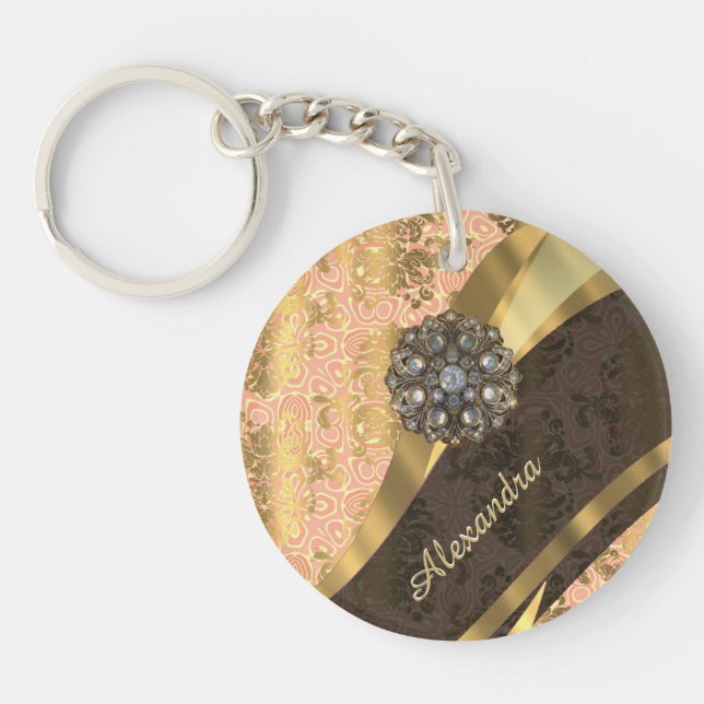 Personalised pretty peach girly damask pattern key ring (Front)