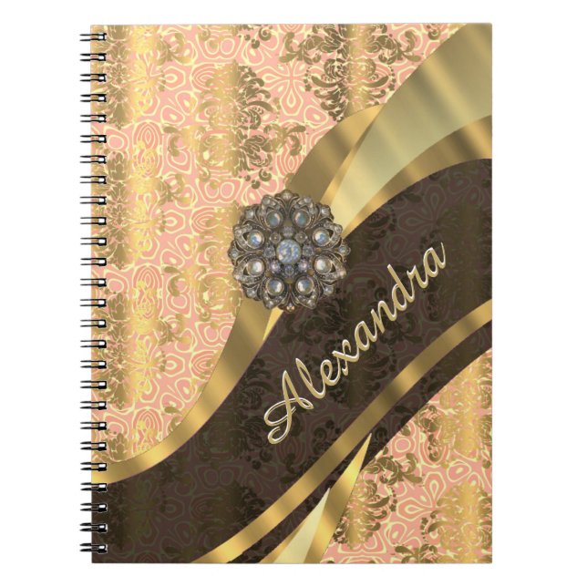 Personalised pretty peach girly damask pattern notebook (Front)