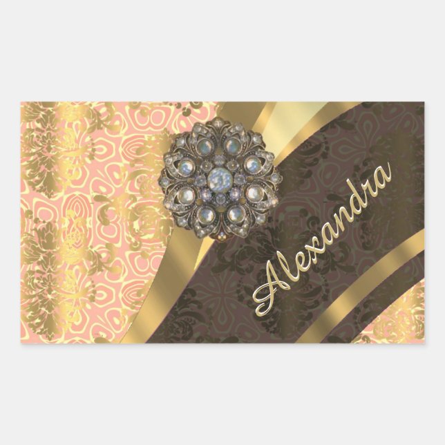Personalised pretty peach girly damask pattern rectangular sticker (Front)