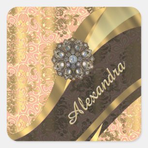 Personalised pretty peach girly damask pattern square sticker