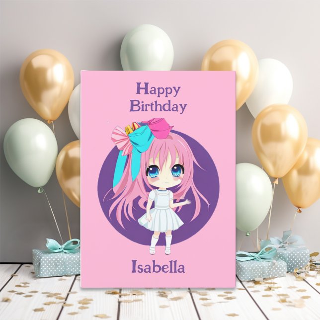 Personalised Pretty Pink Anime Birthday Girl Card (Creator Uploaded)
