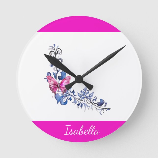 Personalised Pretty Pink Butterfly Wall Clock (Front)