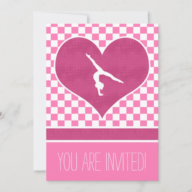 Personalised Pretty Pink Chequered Gymnastics Invitation (Front)