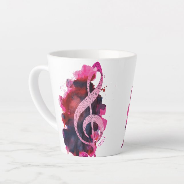 Personalised Pretty Pink Piano Grand Staff Music Latte Mug (Left Angle)