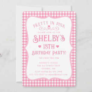 Personalised Pretty Pink Plaid 13th Birthday  Invitation
