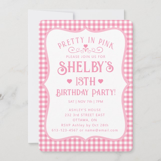 Personalised Pretty Pink Plaid 13th Birthday  Invitation (Front)