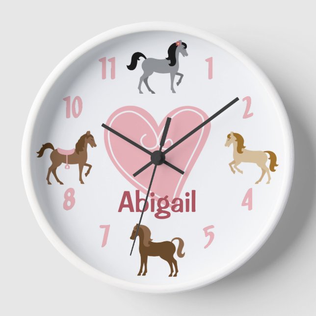 Personalised Pretty Ponies and Pink Heart Horse Clock (Front)
