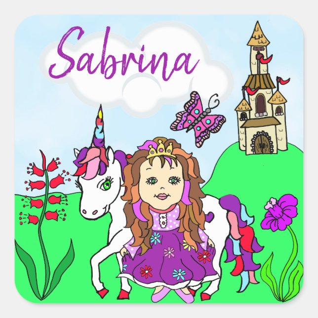 Personalised Pretty Princess and Unicorn Castle Square Sticker (Front)