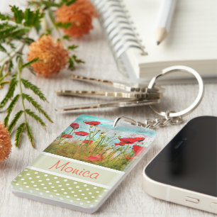 Personalised Pretty Red Poppy Flowers Key Ring