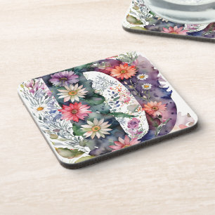 Personalised Pretty Watercolor Flowers Monogram Coaster