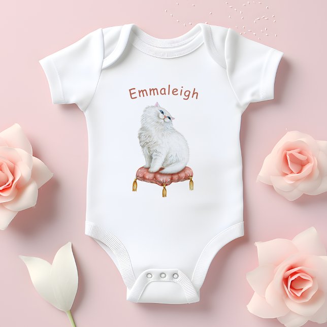 Personalised Pretty White Cat Sitting on Pillow Baby Bodysuit (Creator Uploaded)