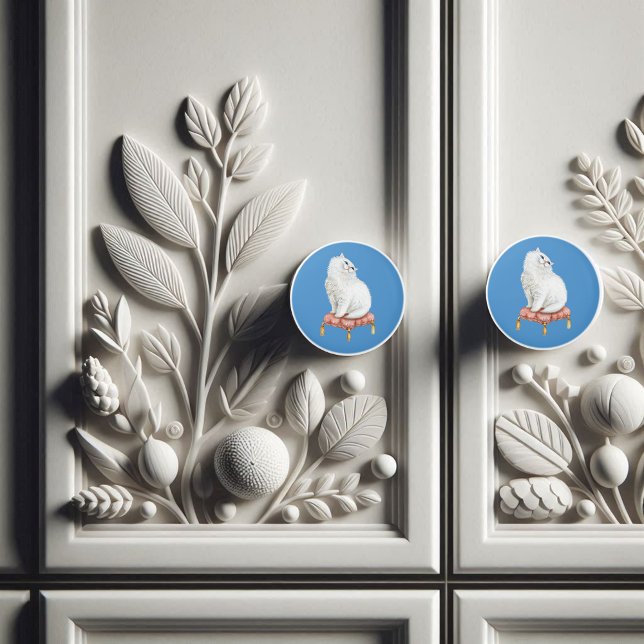 Personalised Pretty White Cat Sitting on Pillow Ceramic Knob (Creator Uploaded)