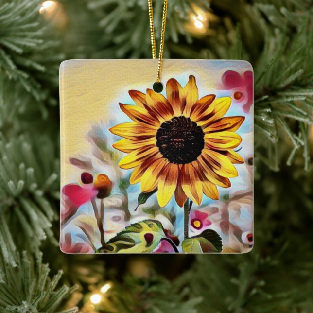 Personalised Pretty Yellow Sunflower Christmas Ceramic Ornament (Tree)