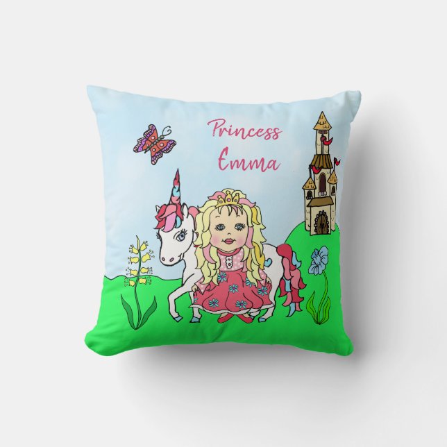 Personalised Princess and Unicorn Rainbow Girl's Cushion (Front)