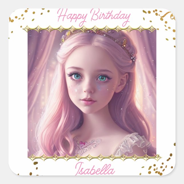 Personalised Princess Little Girl's Birthday Square Sticker (Front)