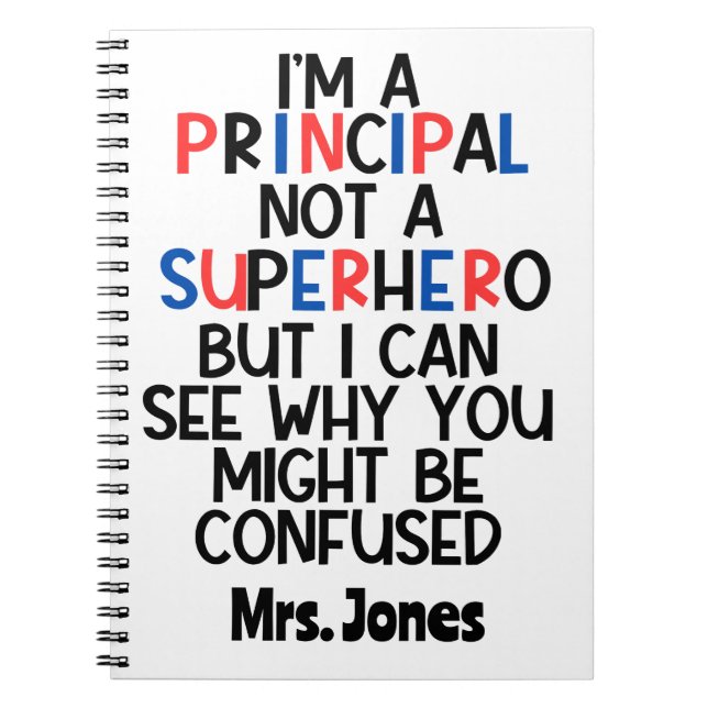 Personalised Principal red blue black Superhero Notebook (Front)