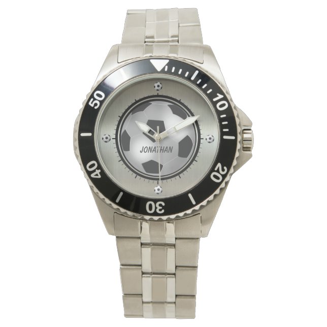 Personalised Printed metallic silver soccer ball Watch (Front)