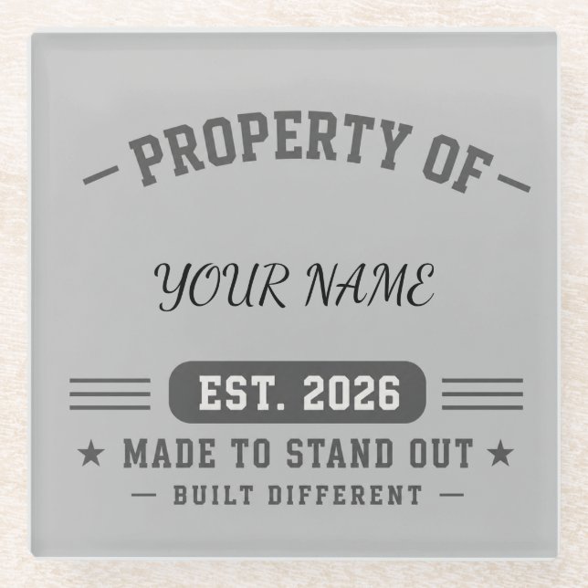 Personalised Property Of Name – Varsity Style Cust Glass Coaster (Front)