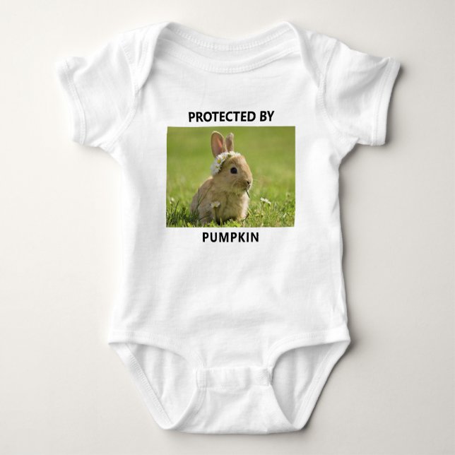 Personalised Protected By Rabbit Photo Funny Baby Bodysuit (Front)
