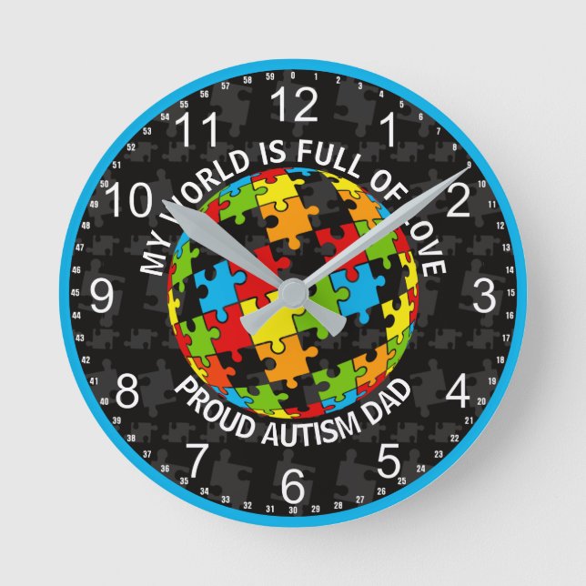 Personalised Proud Autism Dad/Mum World of Love Round Clock (Front)