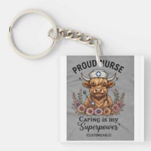 Personalised Proud Nurse Highland Cow Floral Gradu Key Ring