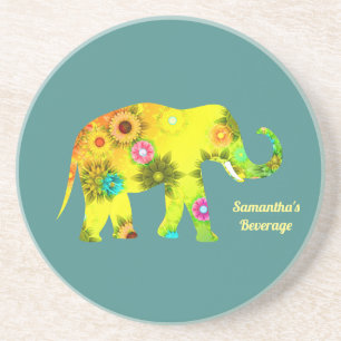 Personalised Psychedelic Floral Elephant Coaster