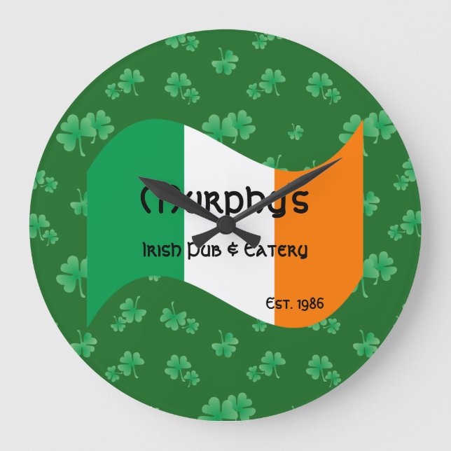 Personalised Pub & Eatery Irish Flag Shamrocks Large Clock (Front)