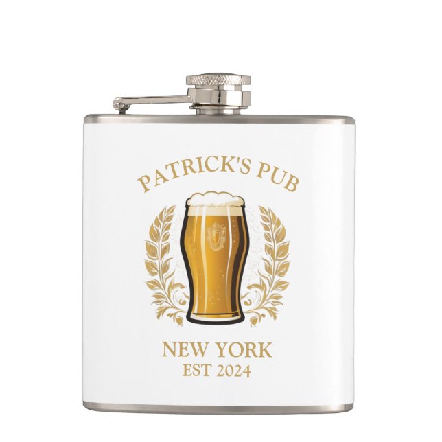 Personalised Pub Sign Beer Glass with Custom Name Hip Flask (Front)