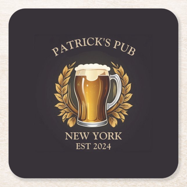 Personalised Pub Sign for Home Bar Beer Glass Logo Square Paper Coaster (Front)